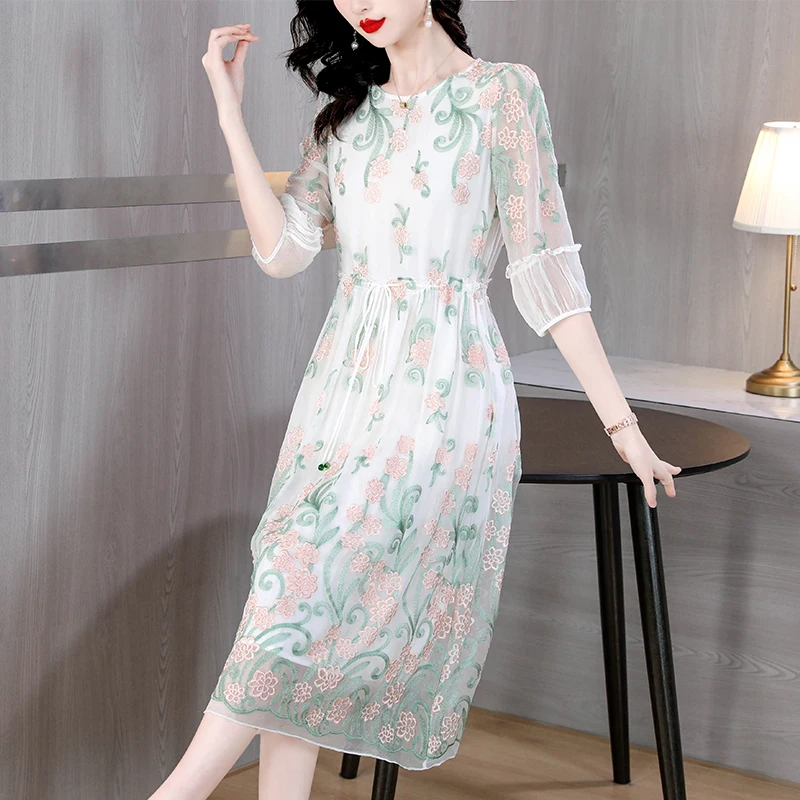 

Spring Formal Occasion Silk Luxury Midi Dress Women Vintage Embroidery Beach Boho Dress 2025 Summer Elegant Casual Party Vestido