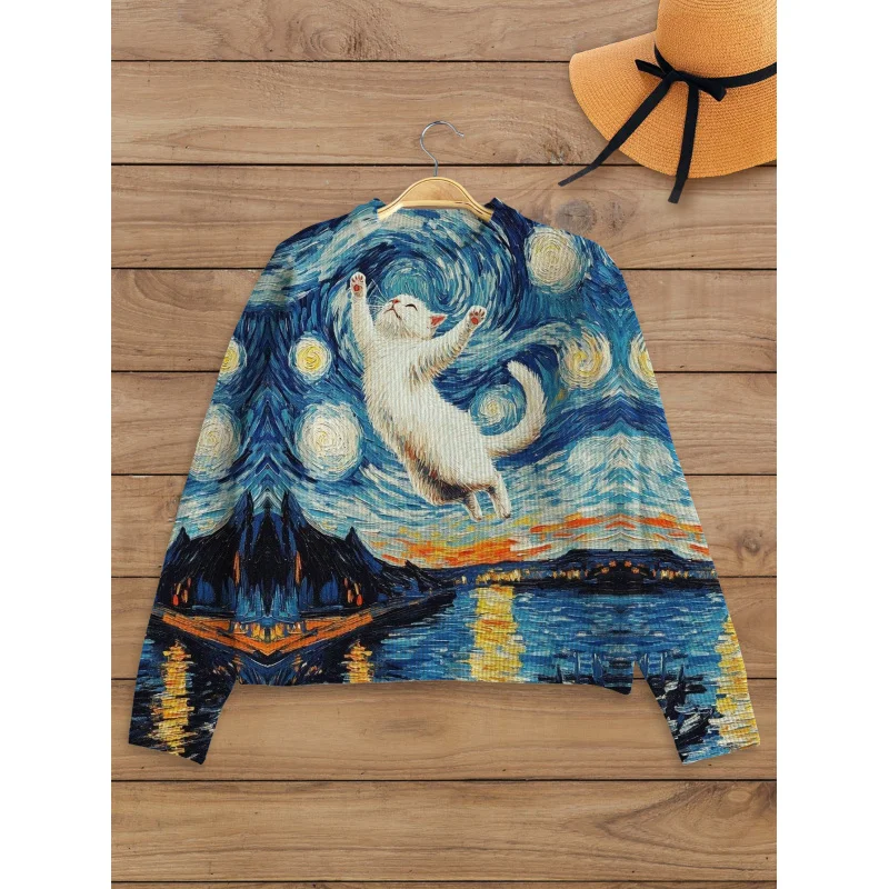 

INS Style Cute Starry Sky Ocean Cat Pattern Digital Print Women Sweater Knit Pullover Loose Crew Neck Long Sleeve Thick Autumn