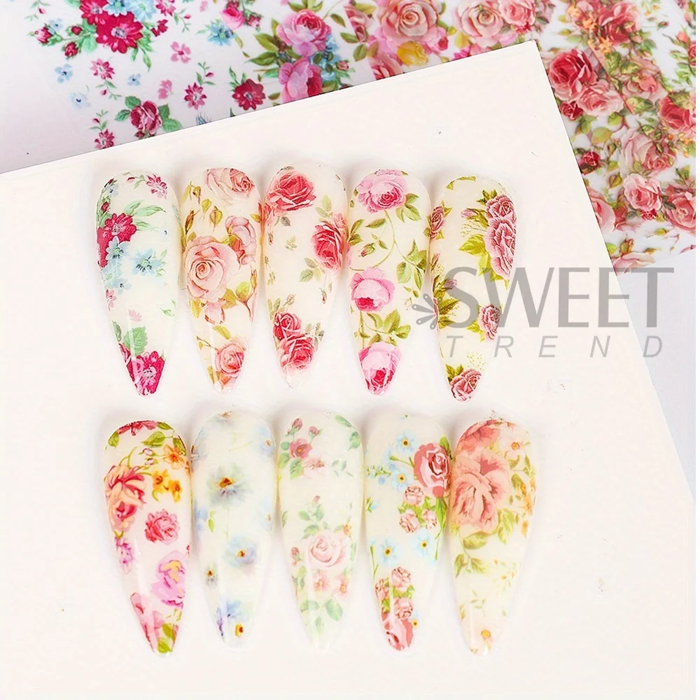 10PCS Mixed Nail art Folien Transfer Aufkleber Set Rose Blume Designs Floral Starry Sky Nail Wraps Hochzeit Sommer maniküre Dekor