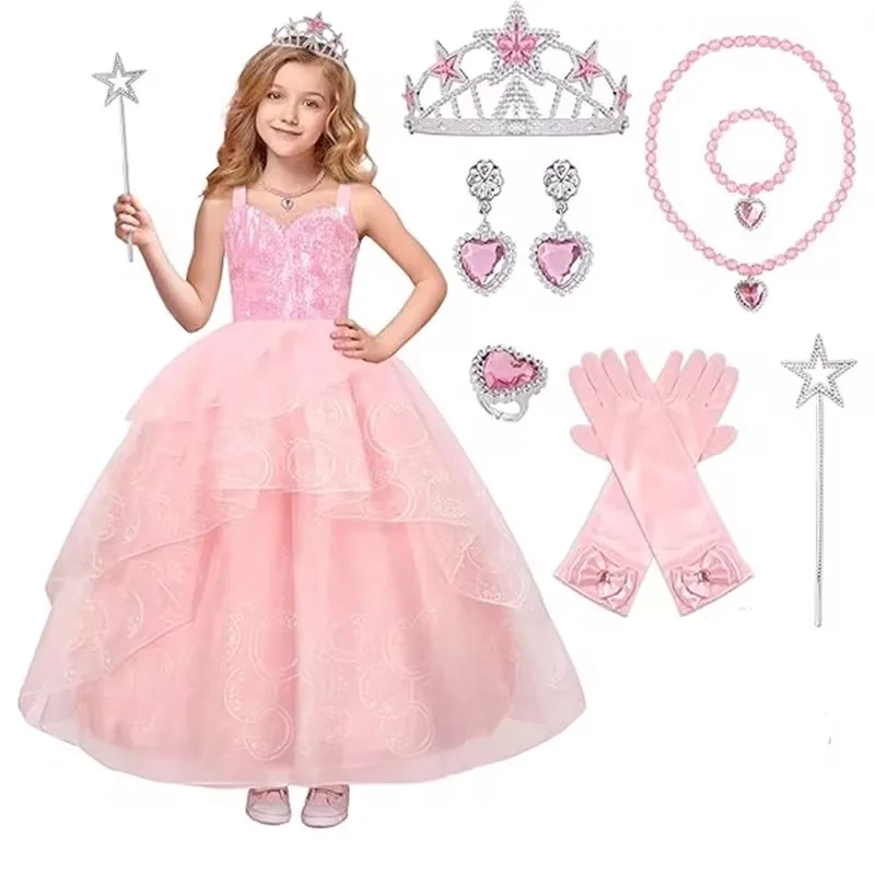 

Glinda Costume Pink Witch Dress With Crown Magic Wand And Gloves For Wicked Girls Halloween Cosplay Birthday Prom Outfits