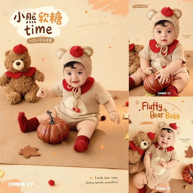 baby-photography-props-cute-bear-theme-handmade-knitted-outfit-with-hat-fall-season-decors-bear-doll-set-for-studio-photoshoot
