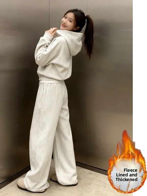 

Women's Fleece Lined Loose Fit Hoodie And Pants Sportswear Set High Waist Long Cotton Running Outfit Two Piece Set Grey