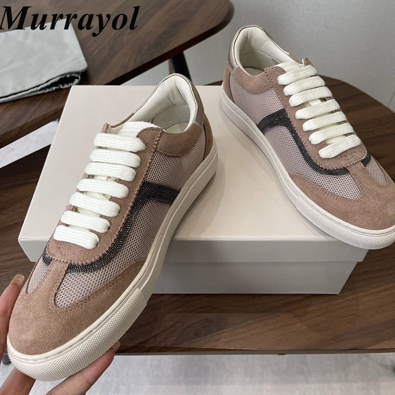 

Flat Shoes Women's Color Blocked Beads Lace Up Casual Shoes Spring Autumn Breathable Sneakers Versatile Single Shoes Board Shoes