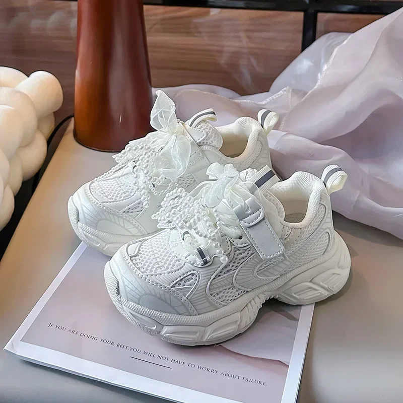 

Girls Running Shoes Princess Style Mesh Lace Bow 2025 New Kids Sneakers Breathable Children Sports Shoes Thick Soft Sole Casual