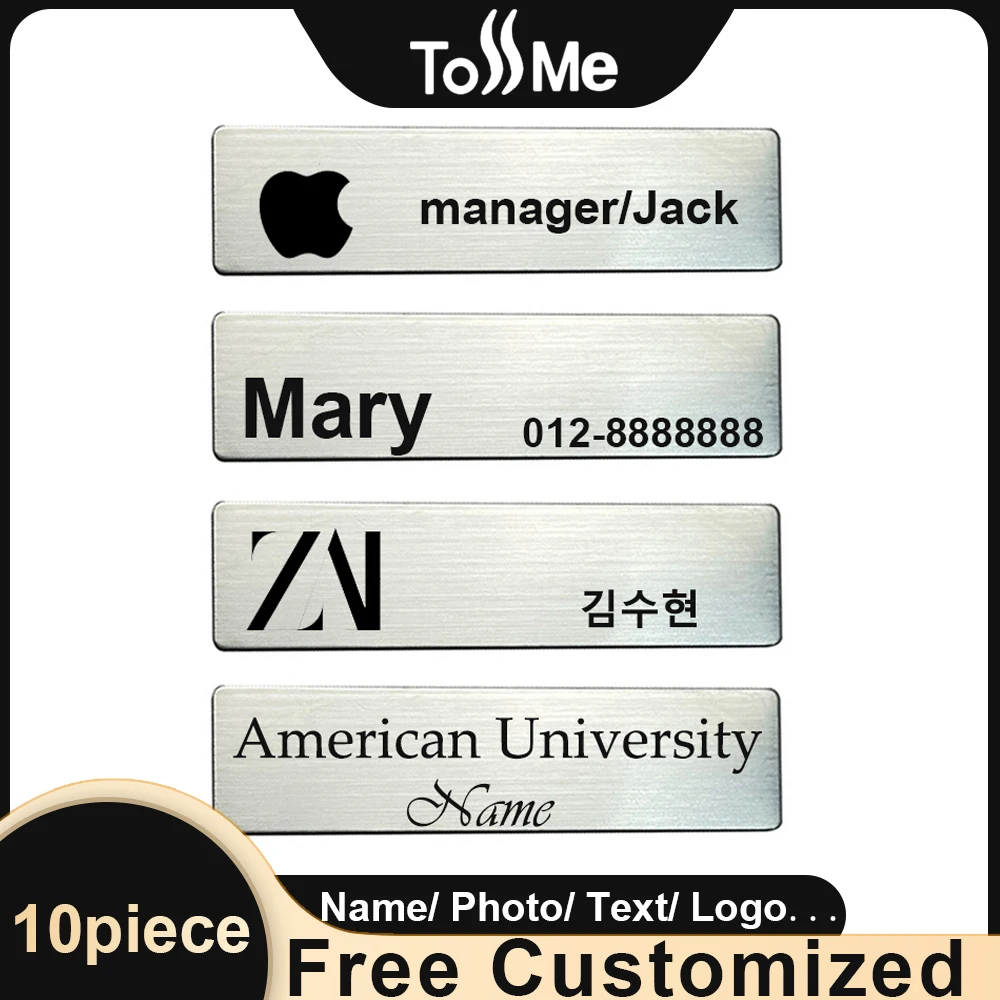 10Piece 7x2cm Free Customizable Brooches Personalized Engrave Text Logo Business ID Plate Steel Metal Tag Customized Name Badge