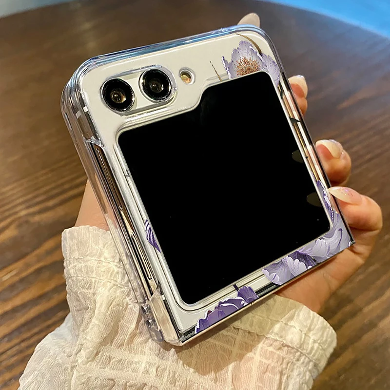 Purple Flowers Phone Case For Samsung Galaxy Z Flip7 FE Flip5 Flip6 Transparent PC Folding Cover For Samsung Z Flip 3 4 5 6 7 5G