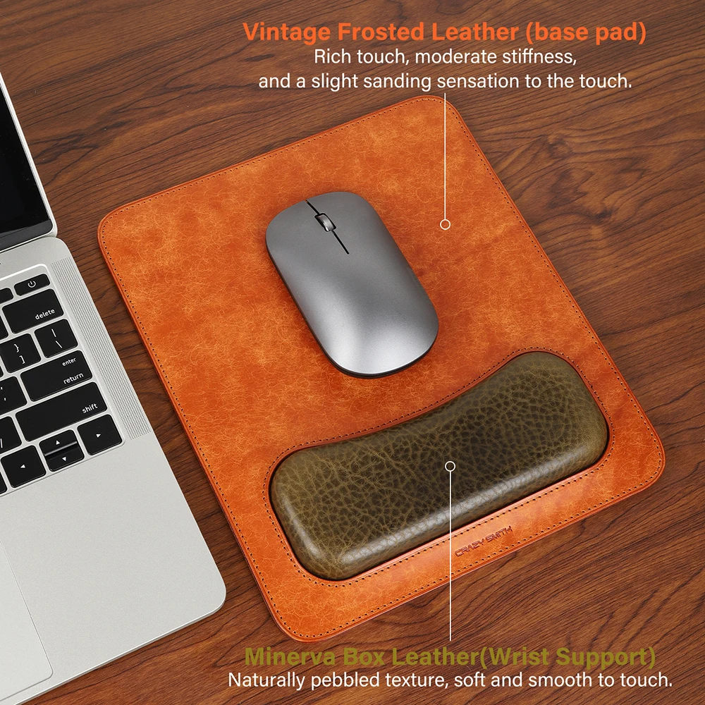 CRAZYSMITH Top Grain Leather Mouse Pad with Wrist Support Pad Full Grain Genuine Leather Desk Mat Office Laptop PC Accessories