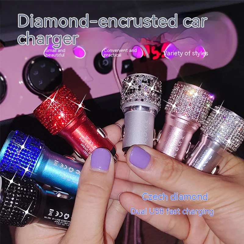 2024 New Shining Artificial Diamond Creative Car Charging Car Dual USB Cigarette Lighter Car Phone Charger