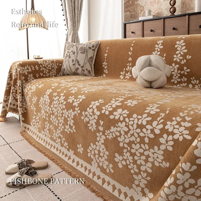 Vintage French Style Sofa Cover Chenille Slipcover Anti Scratch Full Coverage Throw Blanket for All Seasons Home Textile