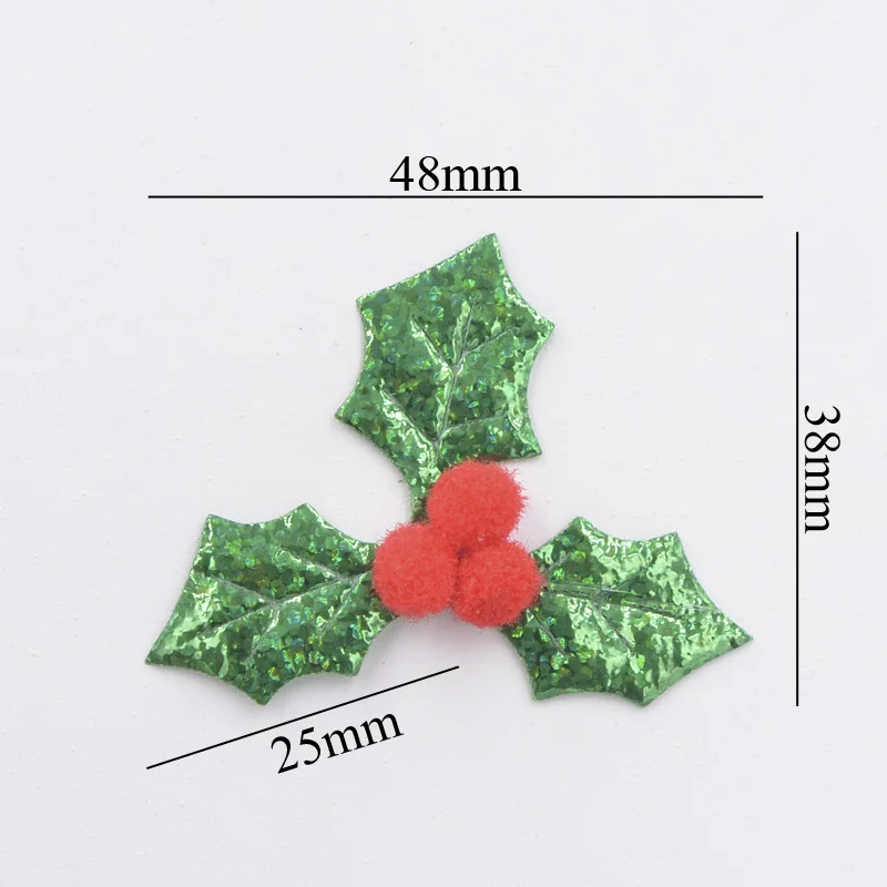 30Pcs Glitter Green Holly Leaf and 3D Red Berry Appliques Patches for Christmas Decor, Table Ornament, Stickers Accessories