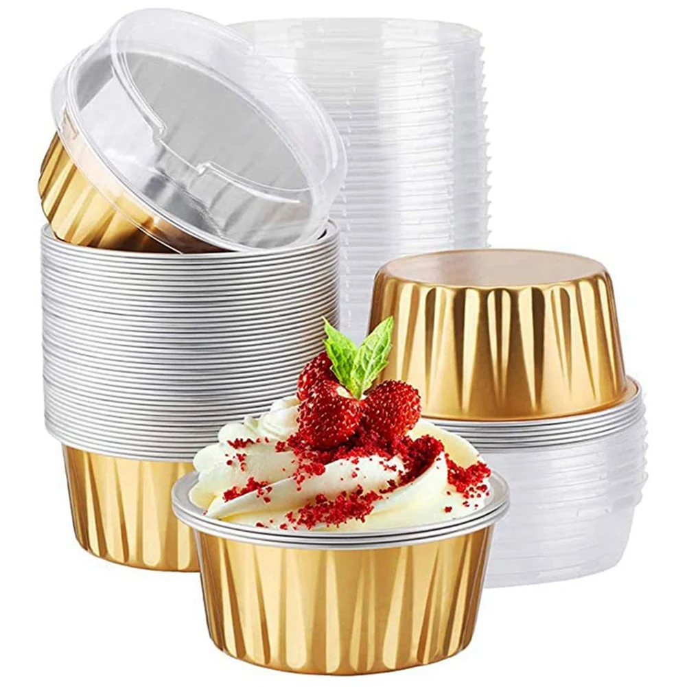 AFOURT-Dessertbecher mit Deckeln, 75er-Pack Goldene Aluminium-Backförmchen, Cupcake-Backformen, Transparente Pudding-Becher – Detail 4