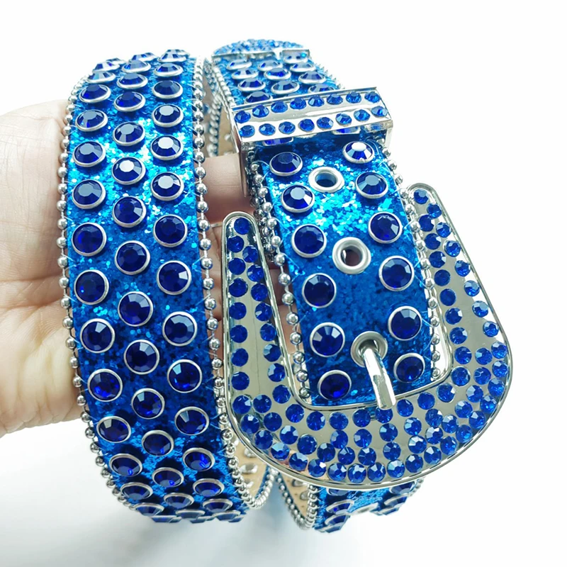 メンズファッションパンクロックダイヤモンドスタッズベルトソフトレザーブルーラインストーンベルトレディースデザイナーウエストバンドピンバックルストラップオン男