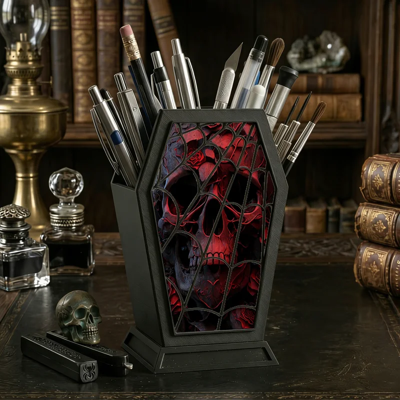 Gothic Red Rose Skull Pen Holder Spider Web Pencil Cup Spooky Desktop Stationery Organizer Halloween Home Office Desk Decor