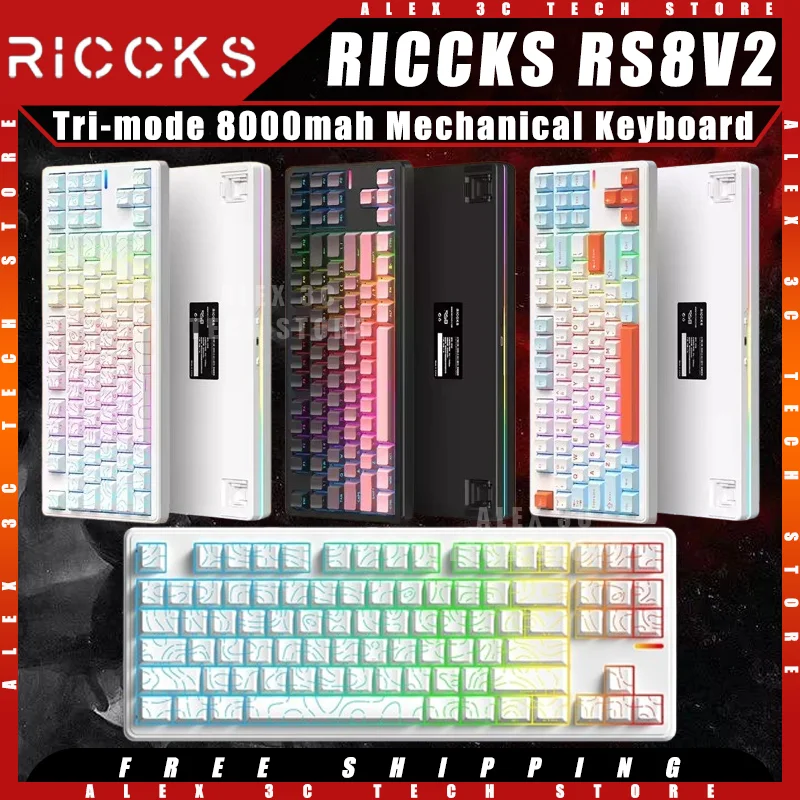 

Механическая клавиатура RICCKS RS8V2, трехрежимная беспроводная прокладка, структура с горячей заменой, долговечная игровая клавиатура для киберспорта по индивидуальному заказу