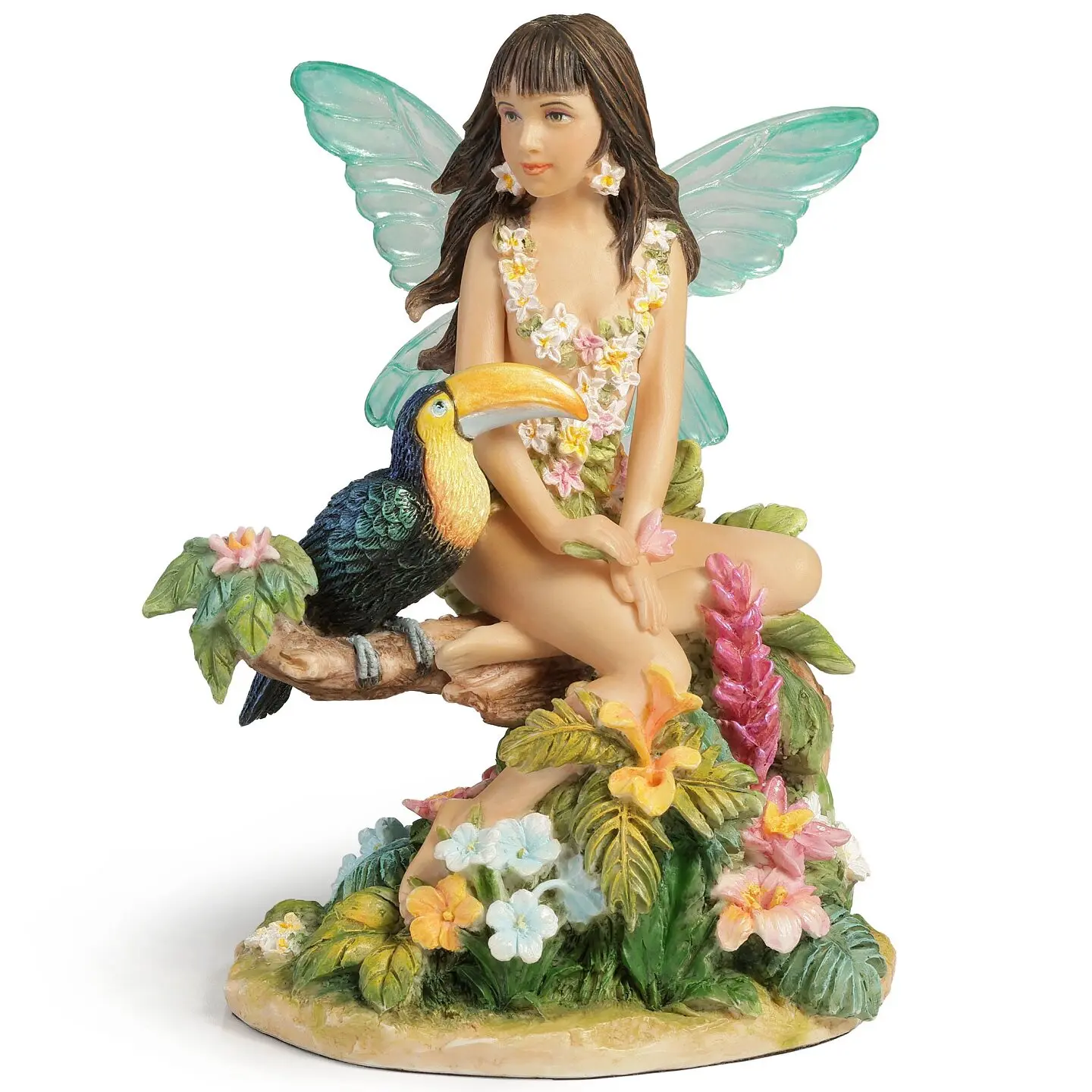 Resin Fairy Figurine with Toucan Bird Tropical Flower Elf Statue Home Garden Decorative Ornament Collectible Craft Home Decor
