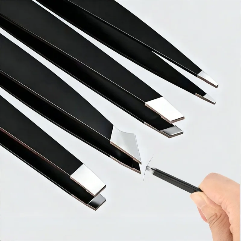 Pinzette per sopracciglia con punta inclinata nera in acciaio inossidabile per la depilazione delle ciglia e strumento di bellezza per il trattamento incarnito