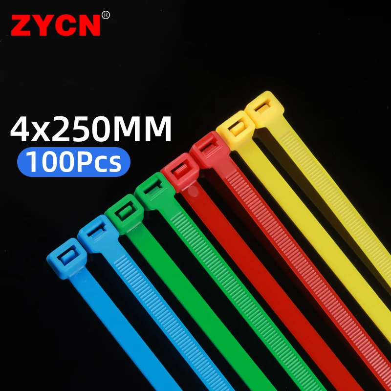 ZYCN Nylon Cable Tie Self-Locking  4*250MM Width：3.6mm Color Plastic Flange Loop Wire Wrap Zip Buckle Red Blue Bundled 100PCS