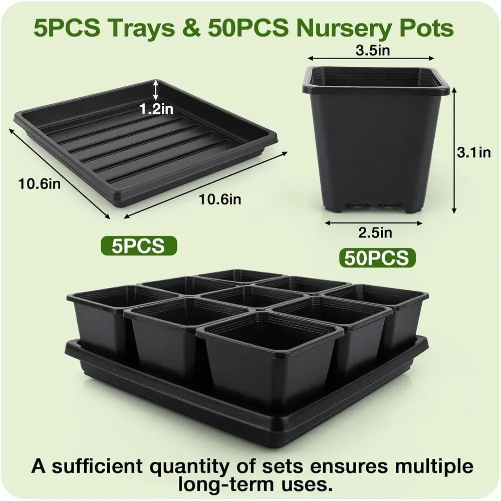 50 Pack 3.5 Square Plant Pots with 5 Seedling Trays, Starter Kit for Seed Germination, Drainage Holes, Nursery Propagation