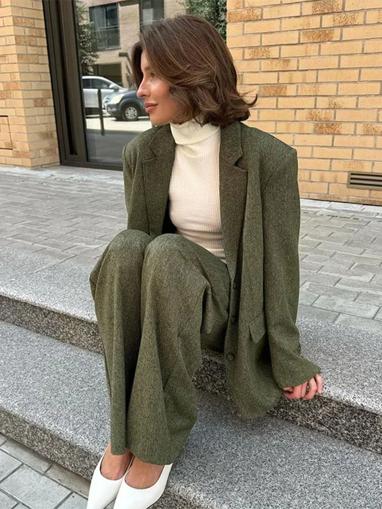 Elegant Lapel Long Sleeve Single Breasted Coat Pants Suit Fashion Solid Wide Leg Pant 2 Piece Set For Women Female Street Outfit