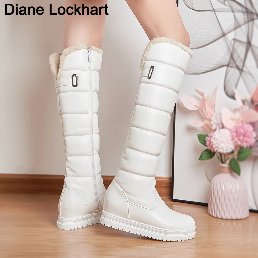 Women Winter Warm Knee High Boots Platform Height Increasing Ladies Fur Snow Boots PU Leather Plush Round Toe Women Wedge Shoes