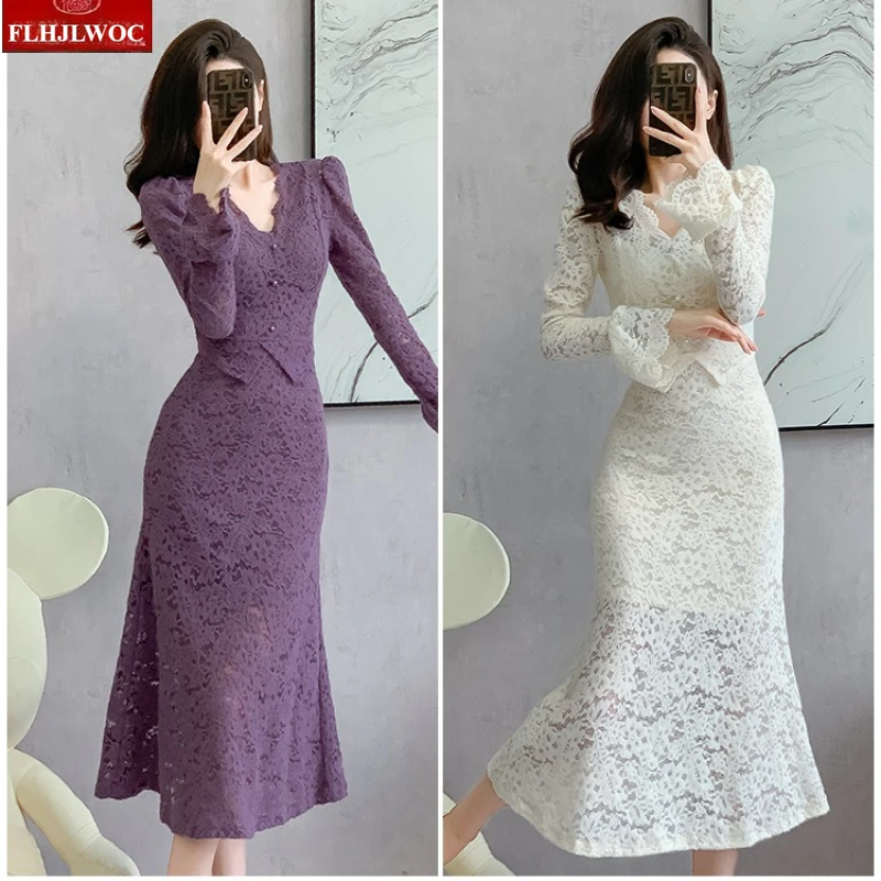 فساتين أنيقة مجوفة من الدانتيل للعام الجديد فستان قميص نسائي ربيعي 2026 بأكمام مضيئة وأرجواني وأبيض وكشكشة من الدانتيل