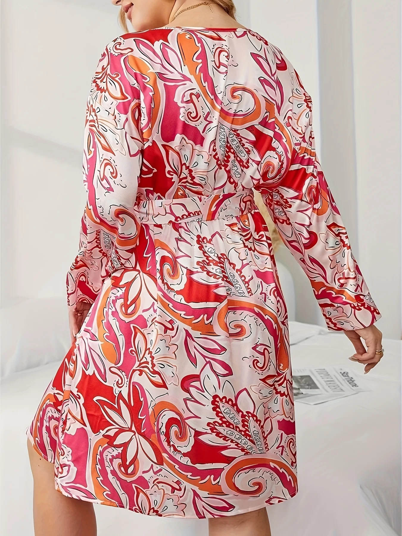 Plus rozmiar 0XL-5XL Sukienka z długim rękawem Kwiatowy nadruk Kokarda Pasek Spódnica do kolan Piękna jasna moda Eleganckie randki imprezowe