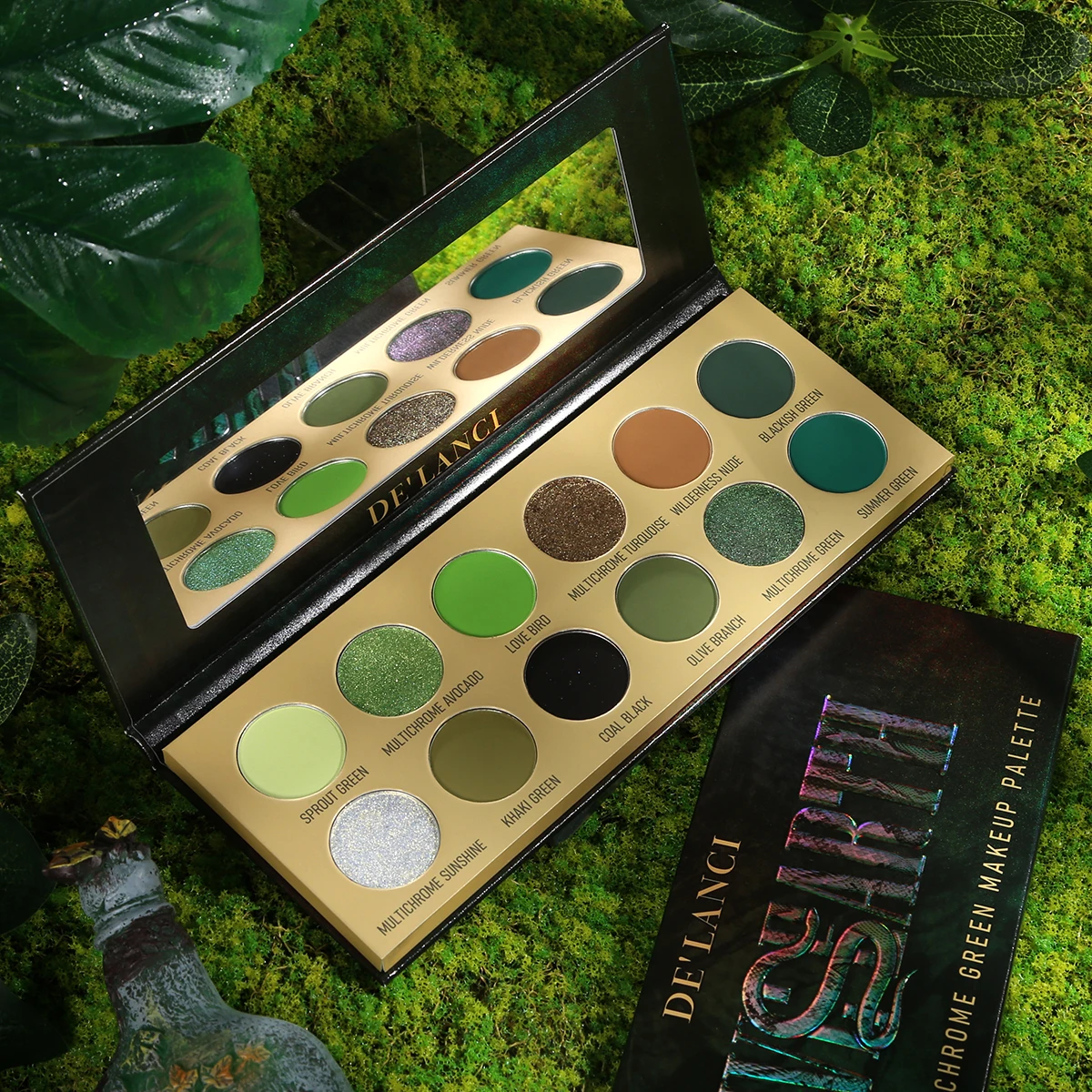 Multichrome Green Eyeshadow Palette,DE\'LANCI 12 Color Bright Dark Olive Green Eyes makeup,High Pigment Silver Shade