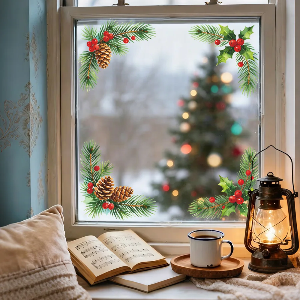 Self‑Adhesive Christmas Pinecone Four Corner Border Window Decal, Festive Glass Sticker for Home Balcony Window Beautification