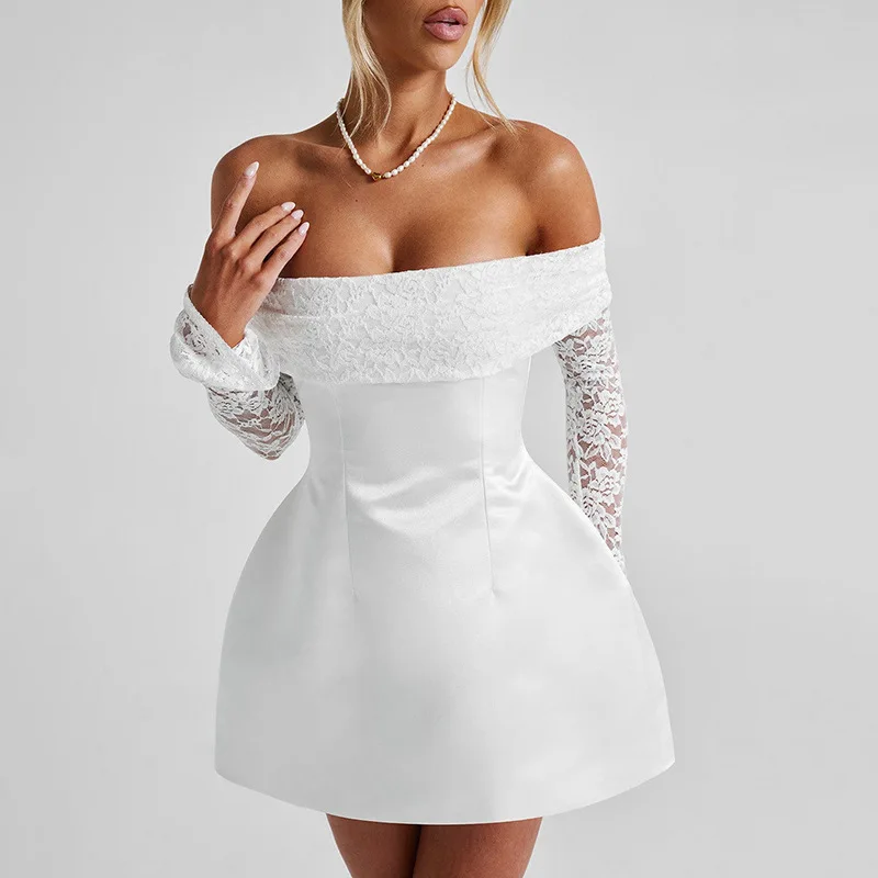 

Off The Shoulder Lace Sheer Women's Autumn Ball Gown Backless Sheath Slim Bandage Gown White Black Party SkirtLe Nouveau Modèle