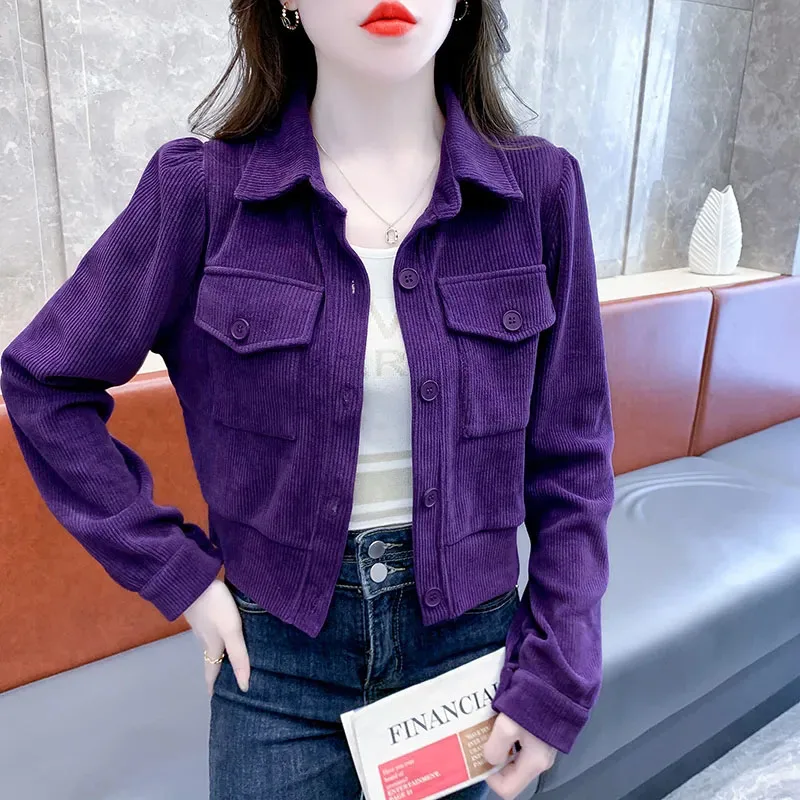 

New Women's Short Corduroy Coat Spring Autumn Cardigan Outerwear Female Casual Jacket Coats Single-Breasted Khaki Purple 3XL