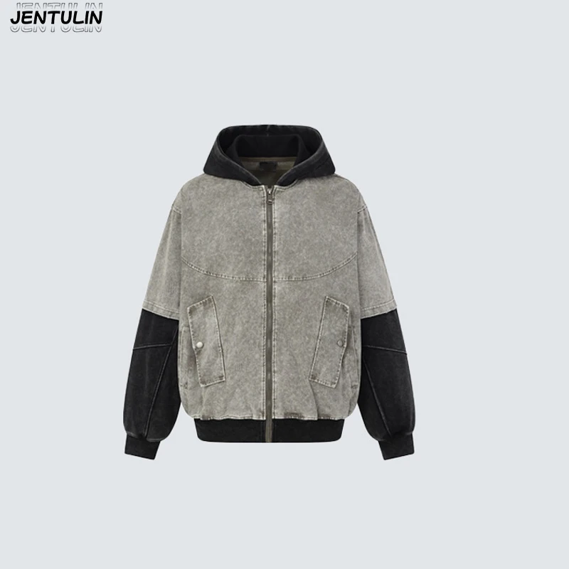 American Style Fake TwoPiece Spliced Sweatshirt Jacket Hooded Distressed Washed Contrasting Top High Street Heavyweight Cardigan