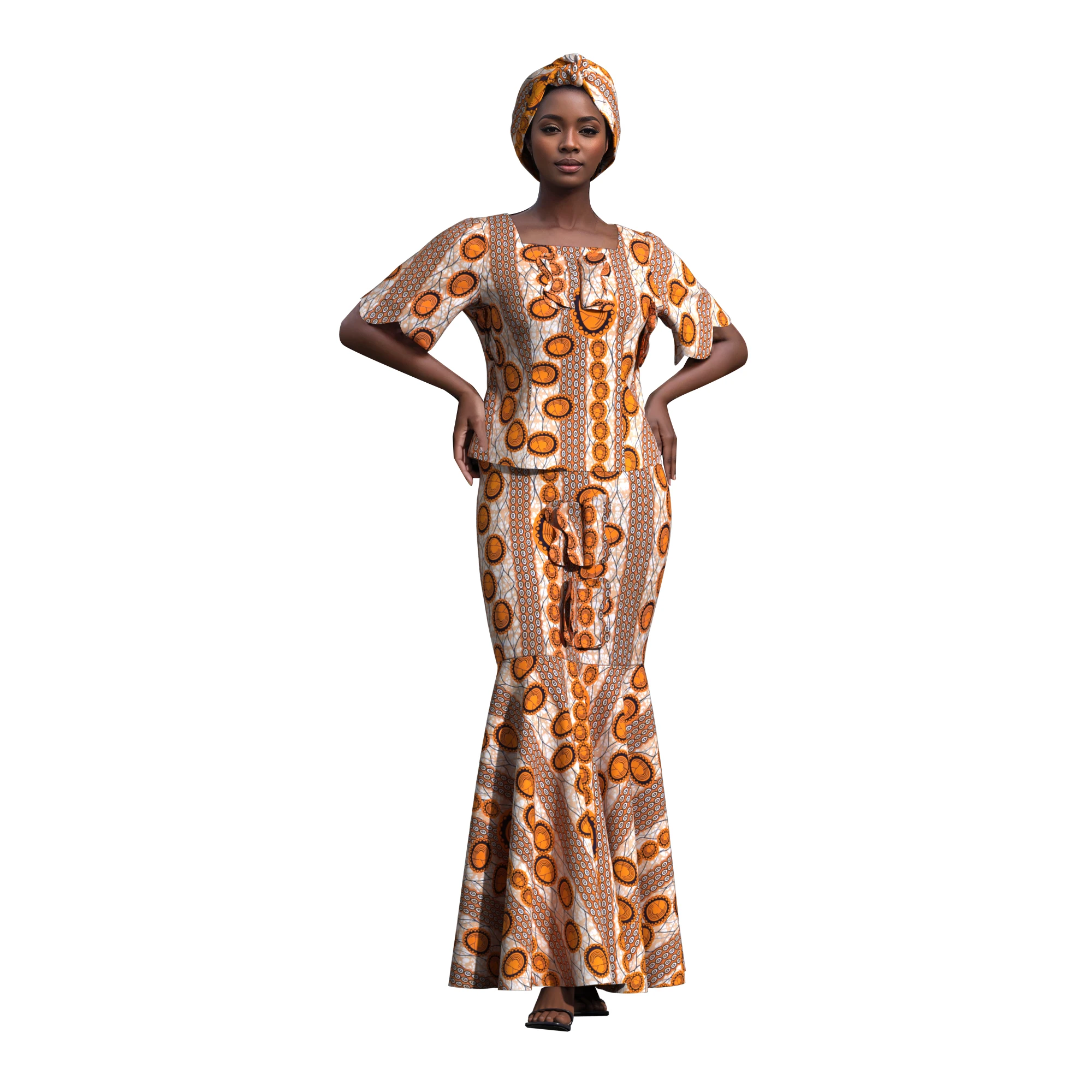African Ankara Print 2 Piece Set Women Short Sleeve Mermaid Maxi Dress Matching Headwrap Dashiki Outfit Wedding Party Clothing - view 5