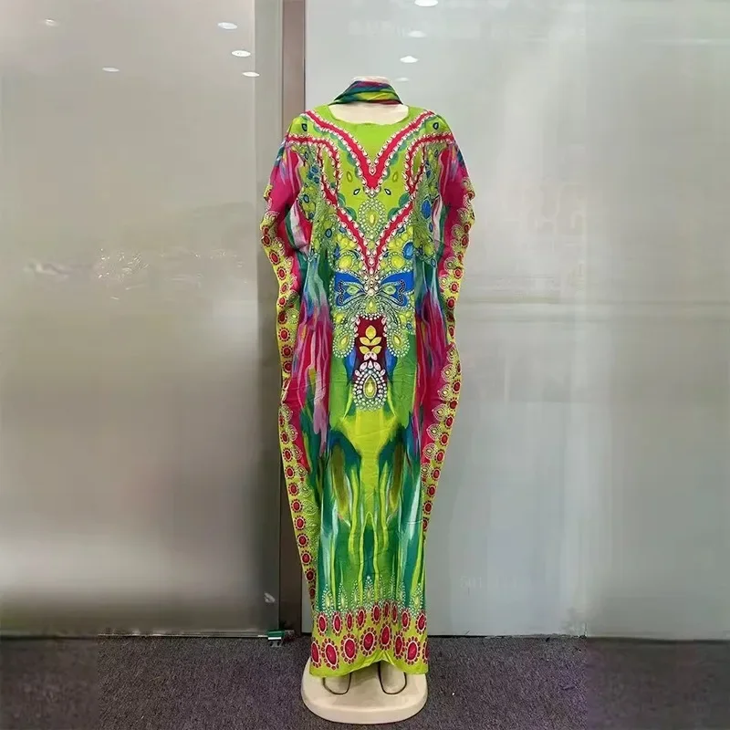 

Muslim Cotton Abaya Women's Dubai Printed Floral Loose Robe with Shawl Scarf Femme Islamic Nigeria Dress for Women