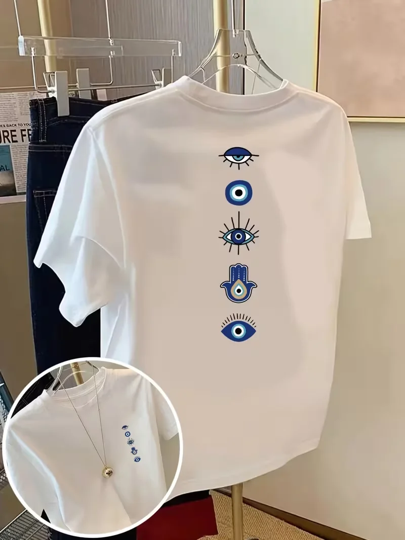 Evil Eye Print T-shirt,Lady's T-shirt Short Sleeve Crew Neck Casual Top for Summer Spring, Women's Clothing Fashion Streetwear