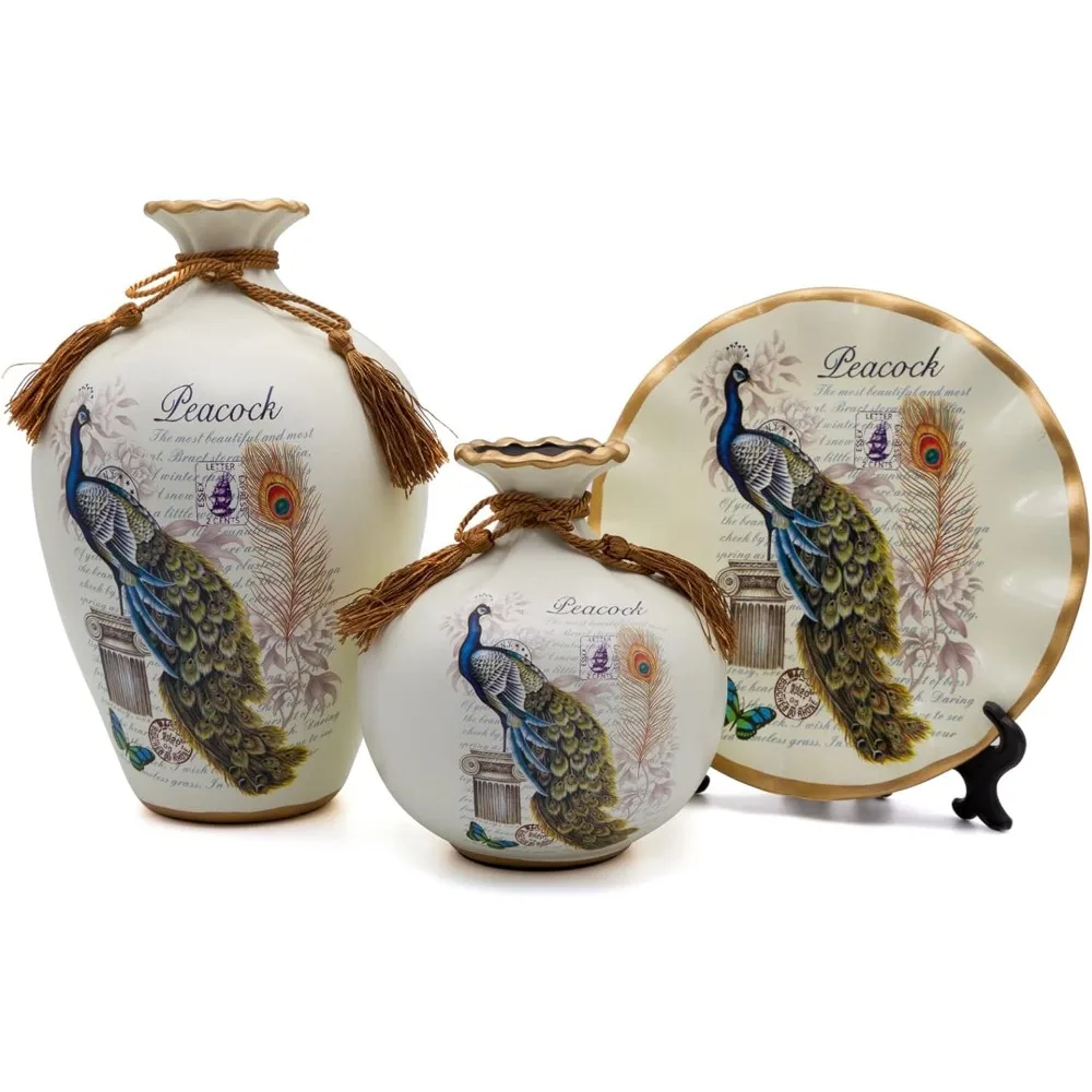 

Decorative Vase Set of 3 for Living Room, Ceramic Vases with Peacock Decor White