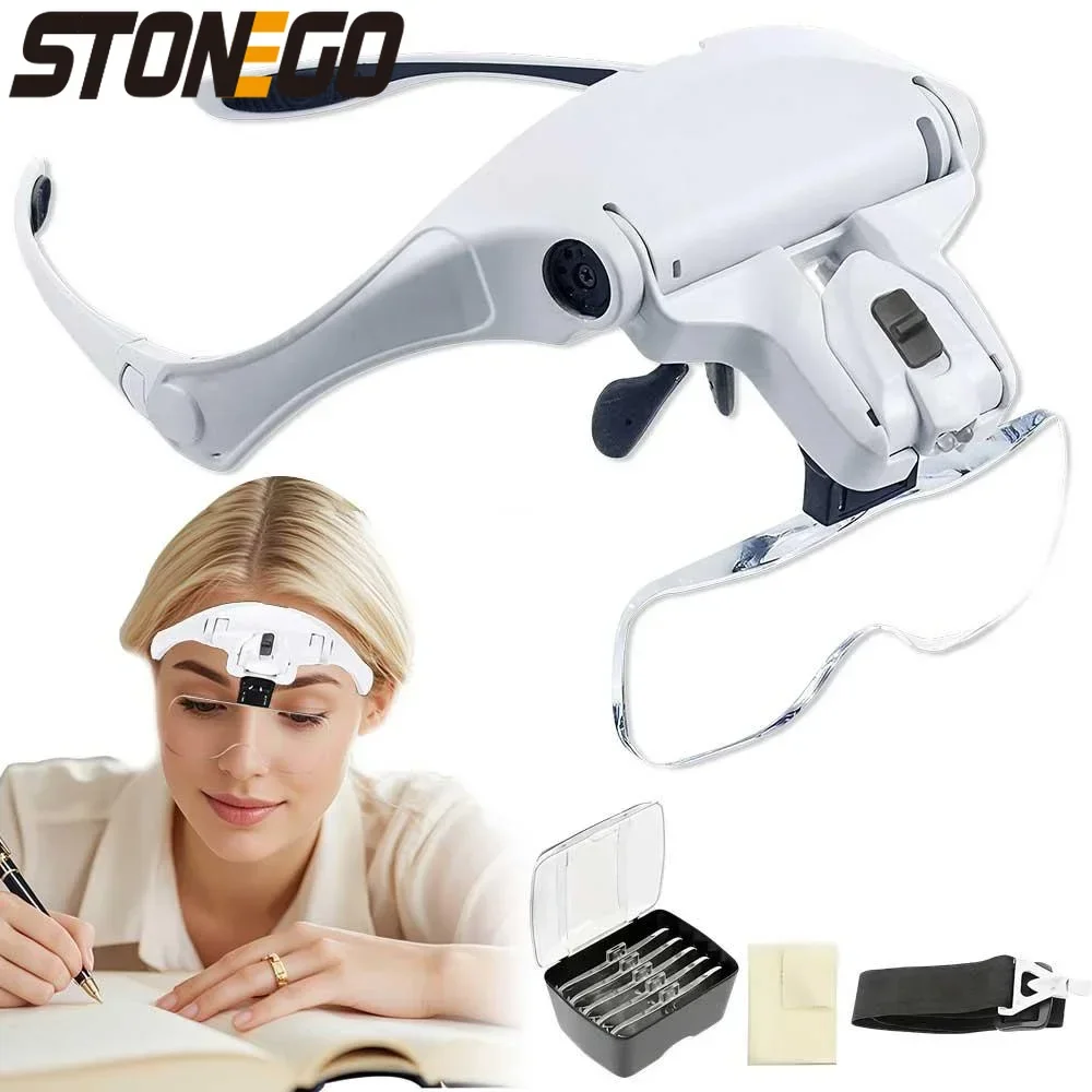 Lupa montada en la cabeza con luz LED 5 lentes intercambiables Diadema ajustable de 10X a 35X para mayor comodidad