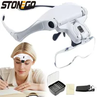 Head Mounted Magnifier with LED Light 5 Interchangeable Lenses 10X to 35X Adjustable Headband for Comfort
