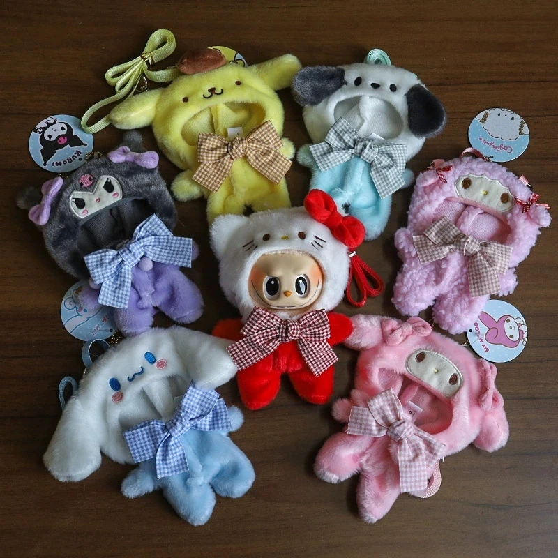 Per la bambola Labubu Sanrio vestiti Hello Kitty Kuromi Melody Cinnamoroll Chiikawa peluche abbigliamento cordino borsa a tracolla accessori