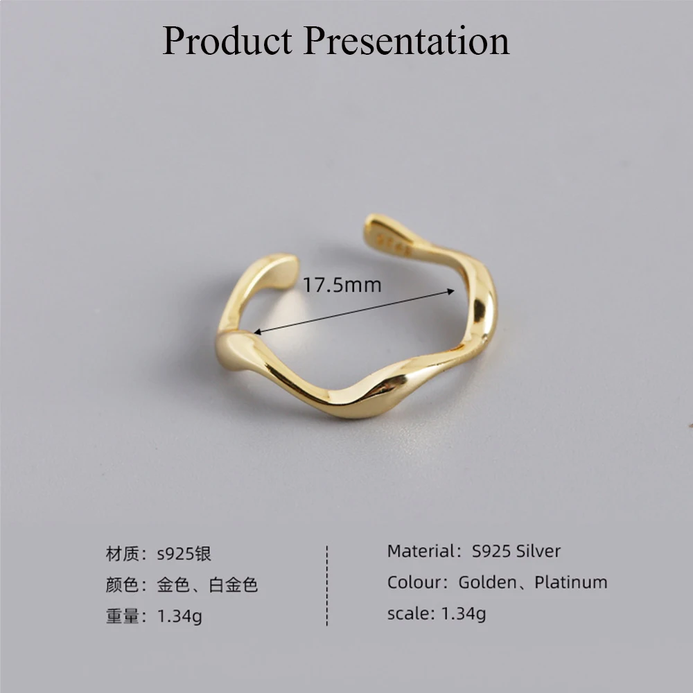 CCFJOYAS 100% 925 Sterling Silver Irregular Wind Ripple Open Ring Simple ins Gold Silver color Adjustable Ring Jewelry Wholesale