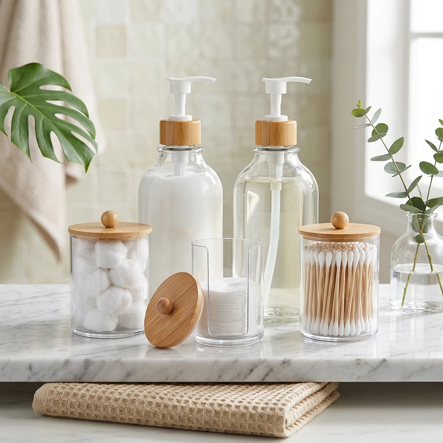 4/5-teiliges Badezimmer-Zubehör-Set, Kompletter Badezimmer-Organizer, Seifenspender und Zahnbürstenhalter-Set, Wattestäbchenhalter, Aufbewahrungsbox