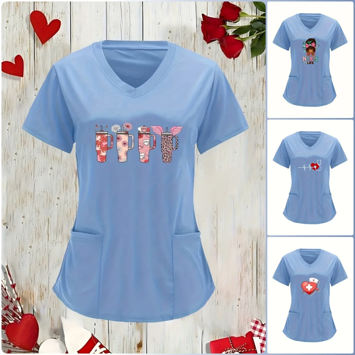 

Scrubs Medical Uniforms Woman Top Fashion V-Neck Short Sleeve Tops Pocket Working Clothes T-Shirts Blouse Women's Athletic Shirt
