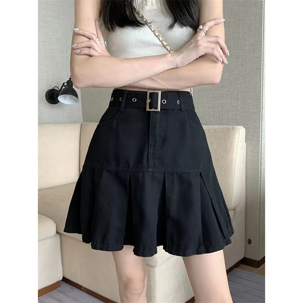 

Женская джинсовая юбка-миди в стиле ретро с рюшами, завышенной талией, утягивающая, плиссированная, с защитой от бликов, американского кроя А-силуэт, короткая юбка