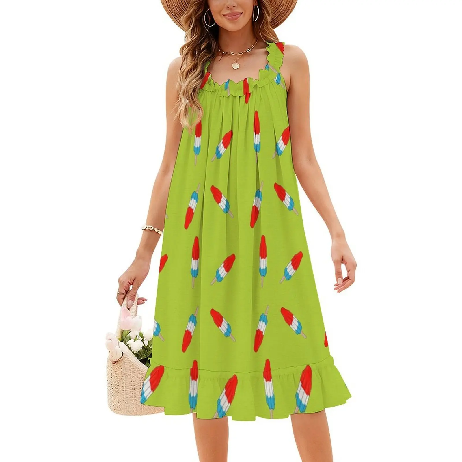 

Rocket Pop Pop Popsicles на зеленом винтажном богемном платье с пышными рукавами или вариантах без рукавов для женщин, платье, розовый, черный рюкзак