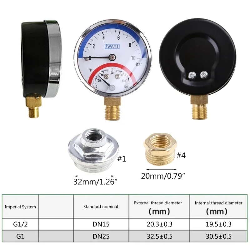 2 In 1 Pressure Gauge Gauge & Thermometer 10 Bar Temperature Pressure Meter