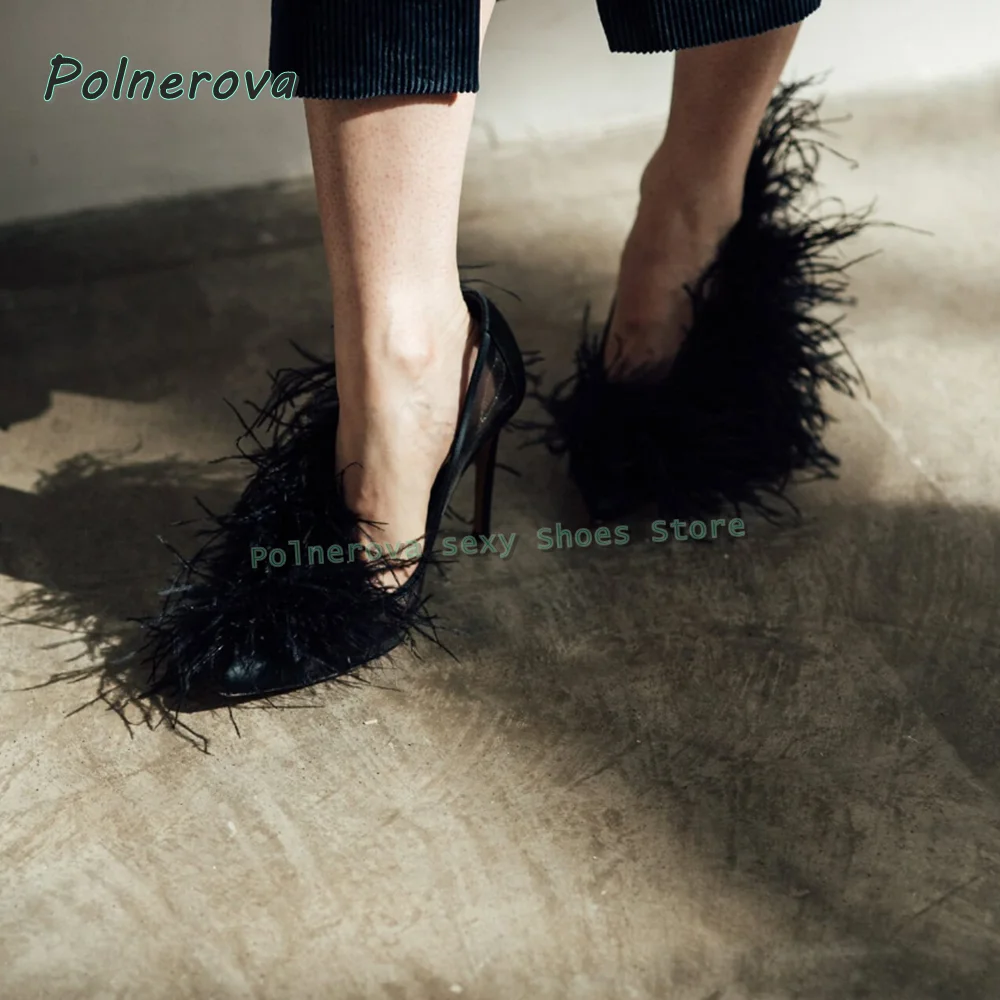 

Черные сандалии для вечеринок с перьями и острым носком, женские пикантные туфли-лодочки на шпильке с воздушной бахромой, мода 2025 года, трендовая обувь для подиума