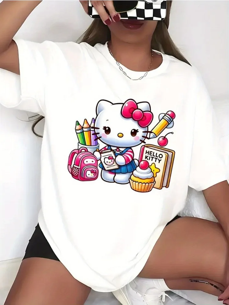 الحب تعلم مرحبا كيتي الكرتون المرأة المطبوعة قصيرة الأكمام تي شيرت لطيف نمط المألوف فضفاض Harajuku قميص النساء الملابس