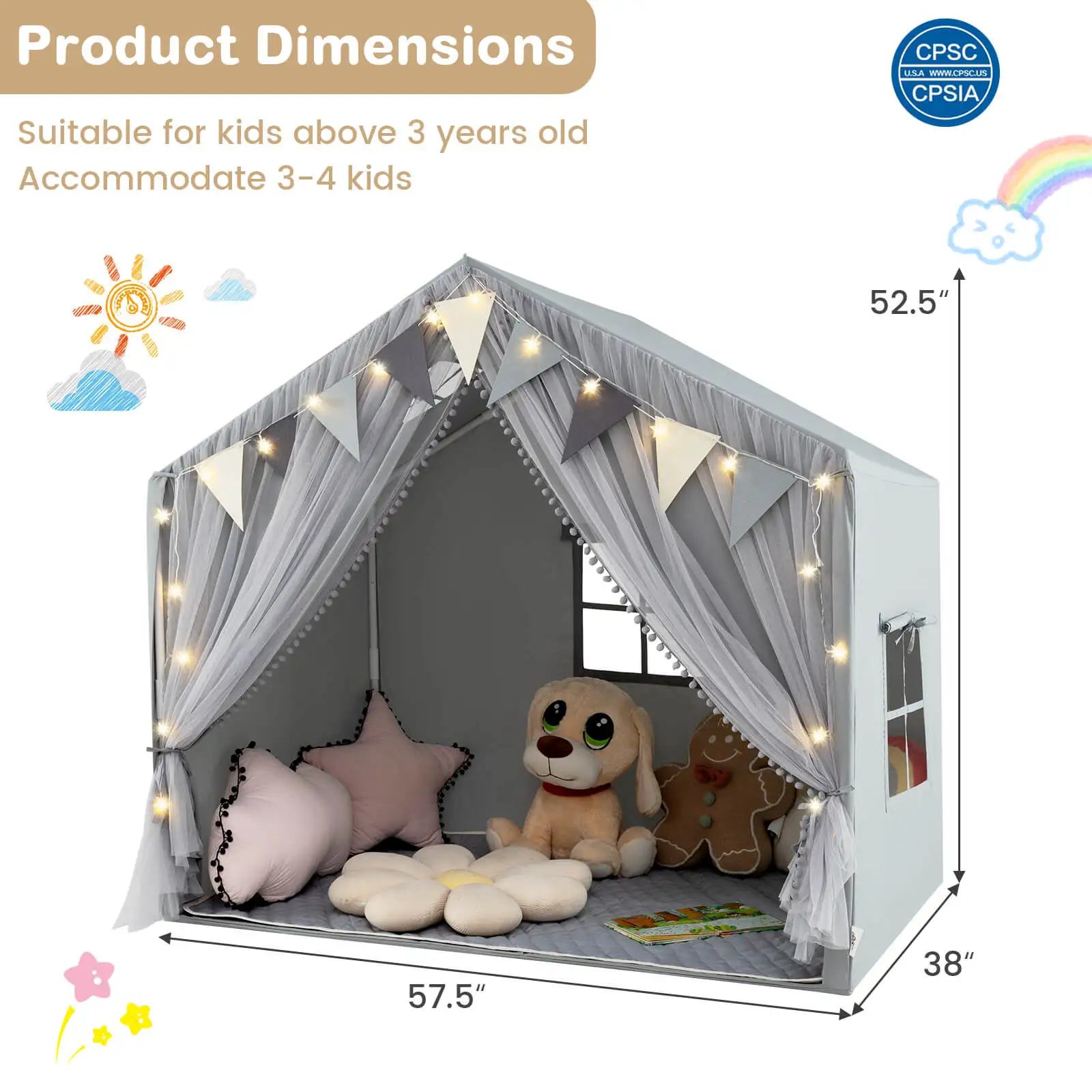 Kids Play Tent w/ Door Curtains Windows Star Lights Colorful Flags Padded Mat