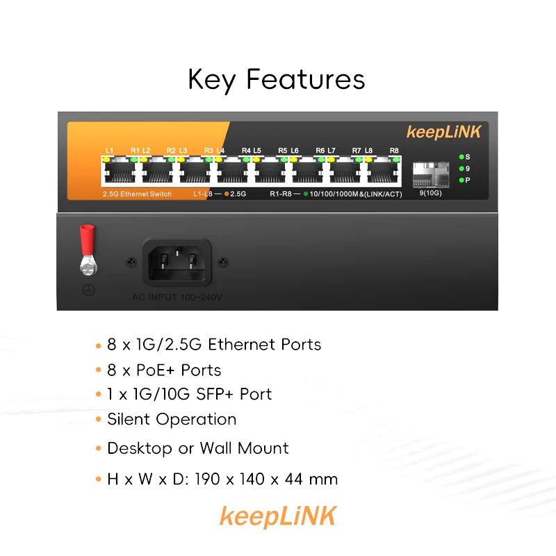 Conmutador multigigabit KeepLiNK de 9 puertos con Ethernet de 8 PoE de 2,5 Gb y conexión ascendente de 1 SFP+ de 10 Gb