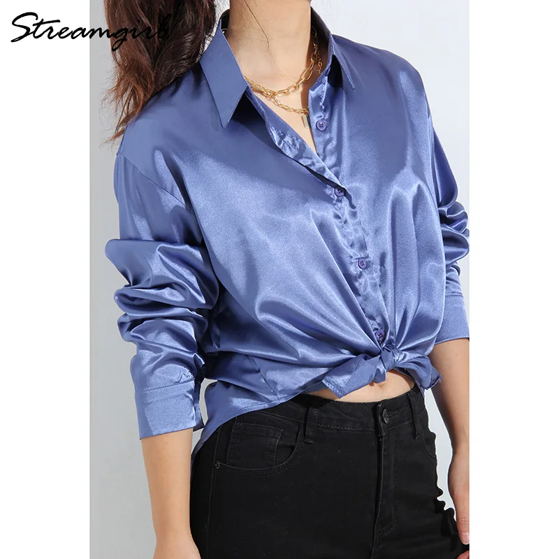 Elegant Satin Solid Long Sleeve Blouses Women 2022 Women\'s Shirt Simple Design Loose Imitation Silk Oversized Shirts For Women