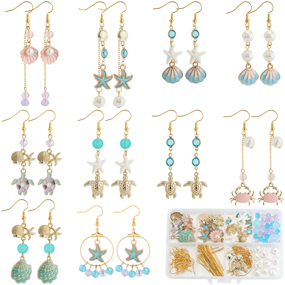 1 Box DIY 10 Pairs Summer Earring Making Kit Marine Life Charms Enamel Assorted Light Gold Shell Crab Turtle Fish Ocean Theme